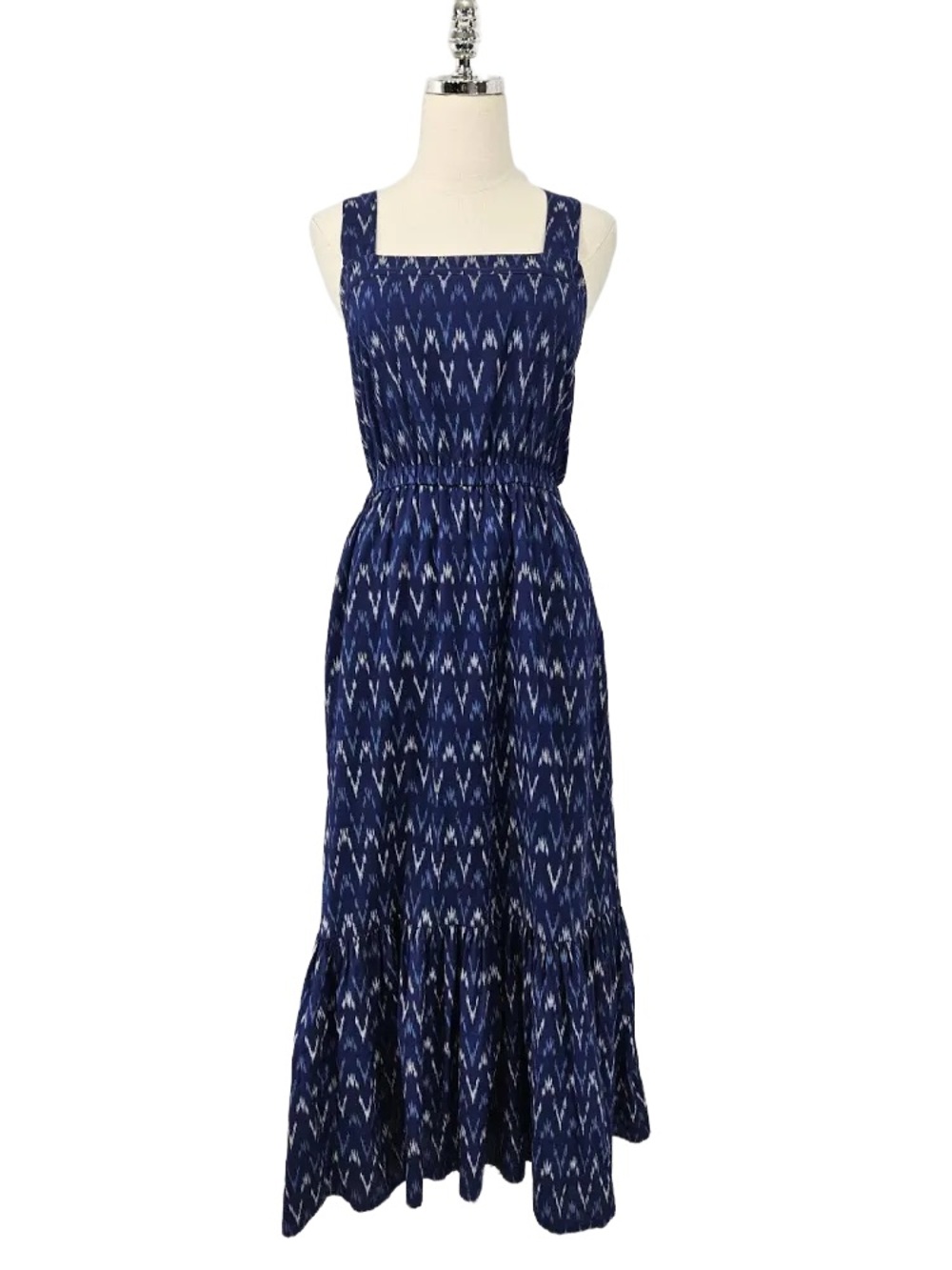 J. Crew Navy Ikat Print Square-Neck Cross Strap Maxi Dress
